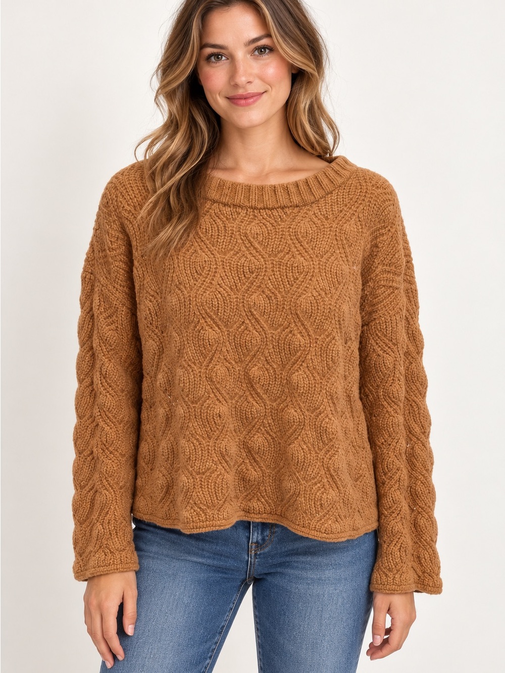 LC Lauren Conrad Cable Knit Crewneck Sweater - Camel Brown
